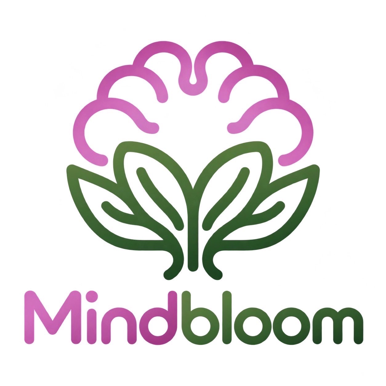 Mindbloom logo: green leaves growing up into a pink brain-shaped bloom